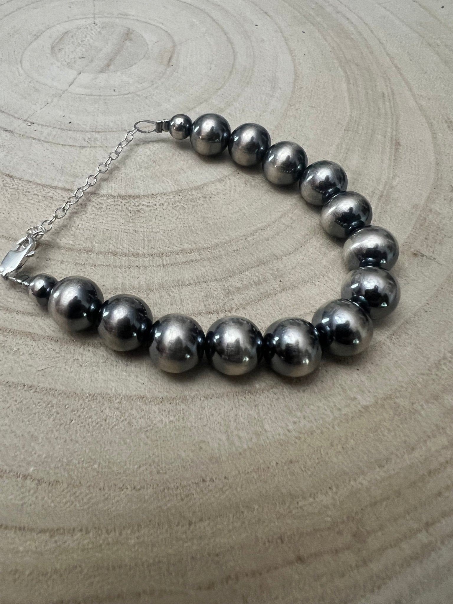 10mm Sterling Silver Pearls bracelet - 6 inch bracelet Cowhide and Conchos