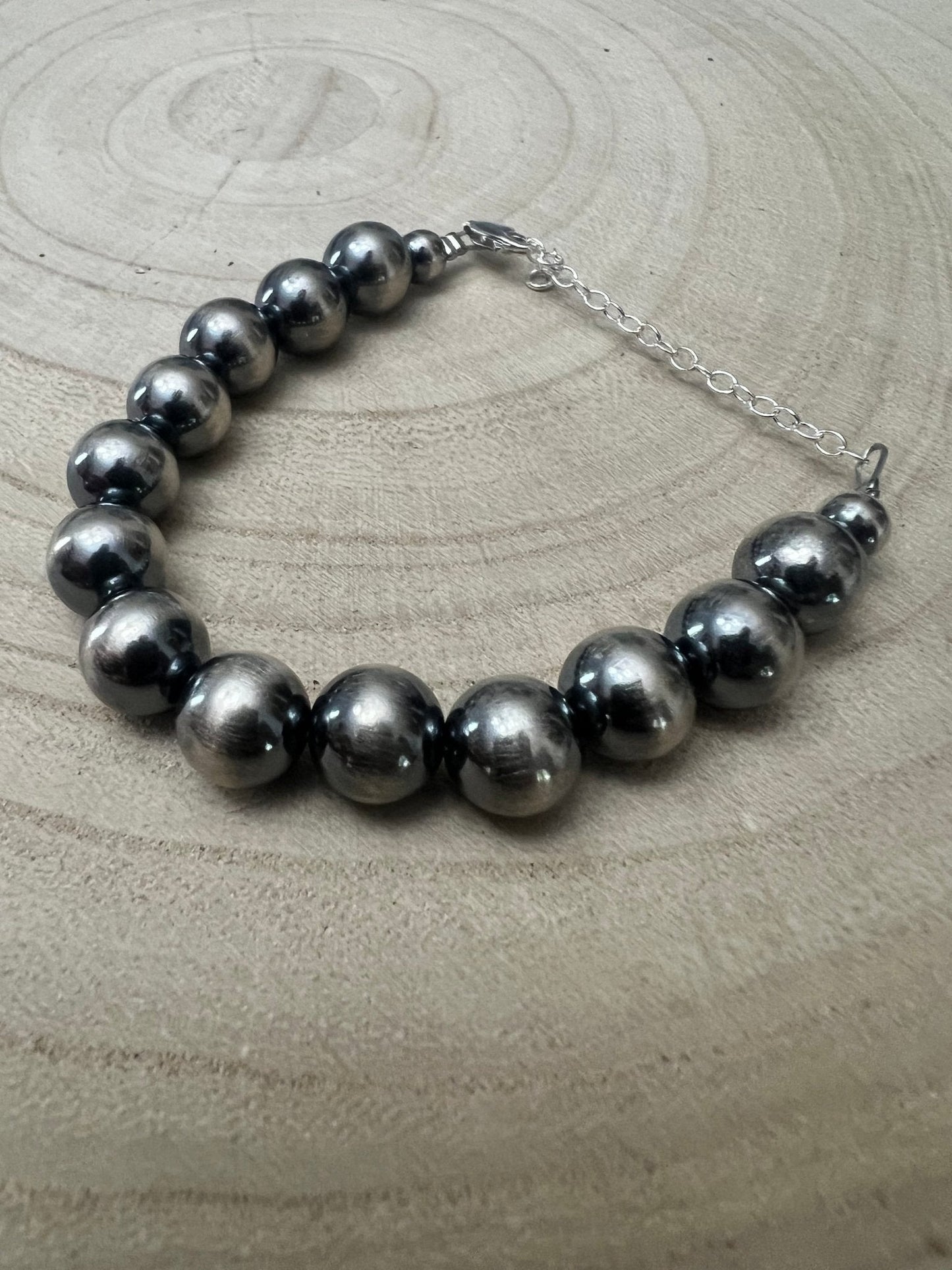 10mm Sterling Silver Pearls bracelet - 6 inch bracelet Cowhide and Conchos