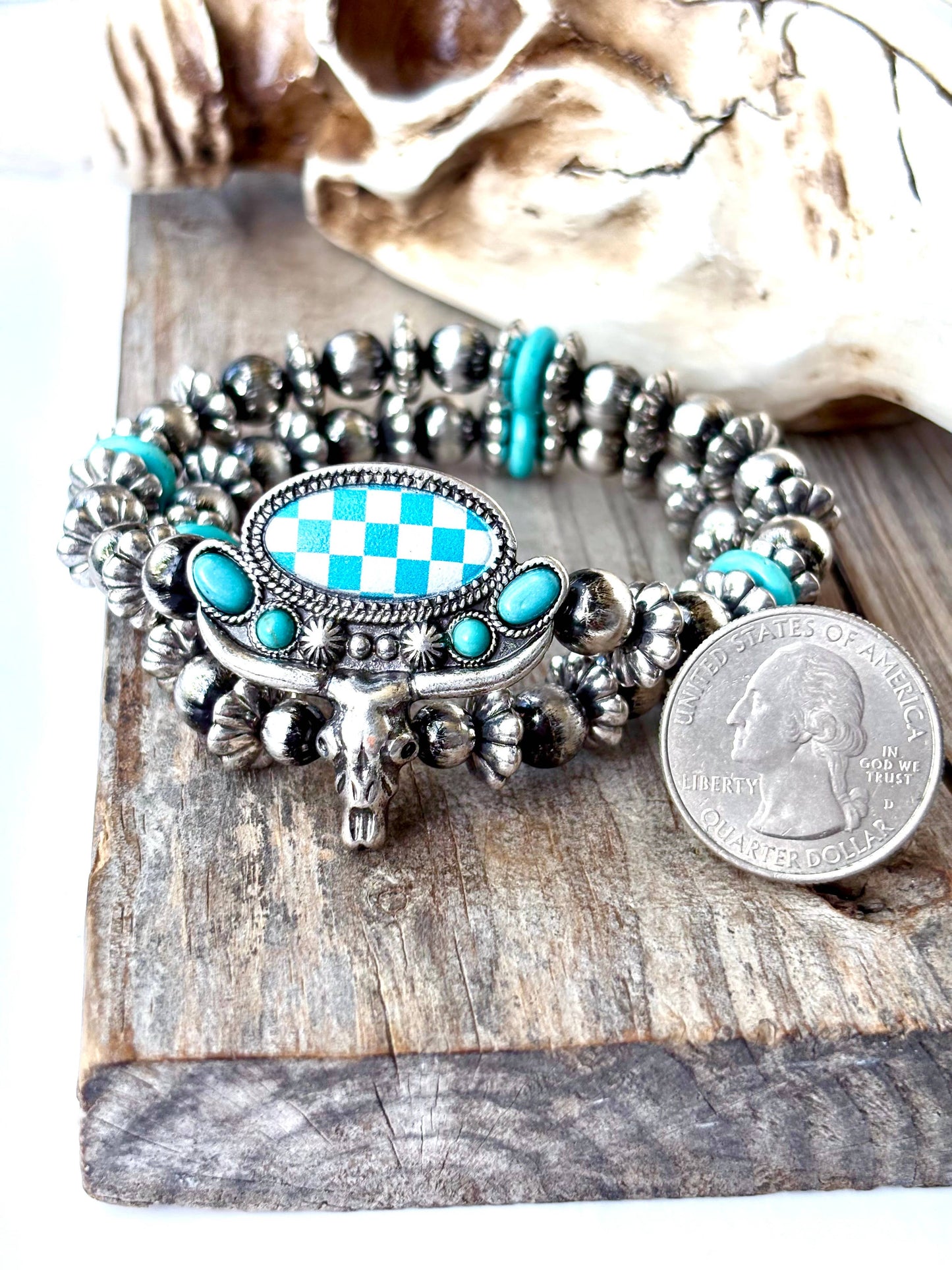 2 Layered Western Steerhead Checkerboard Stretch Bracelet Boho Ranch Shop