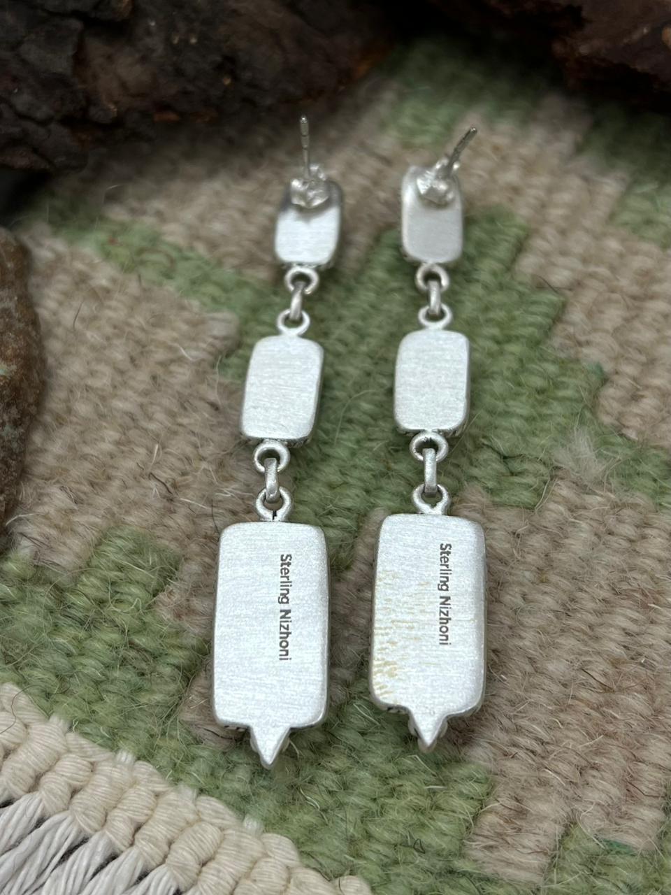 Handmade Sterling Silver Kingman Turquoise Post Earrings "Signed Nizhoni" Nizhoni Traders LLC