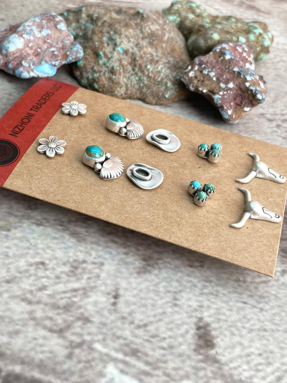 Handmade Sterling Silver Kingman Turquoise Post Studs Set (Card) Earrings Nizhoni Traders LLC
