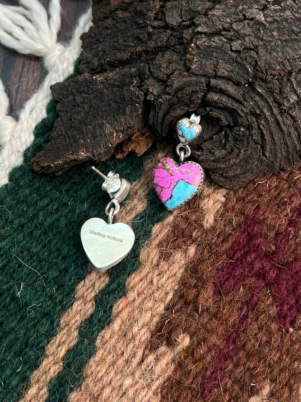 "Heart Collection" Handmade Sterling Silver Cotton Candy Post Dangle Earrings "Signed Nizhoni" Nizhoni Traders LLC