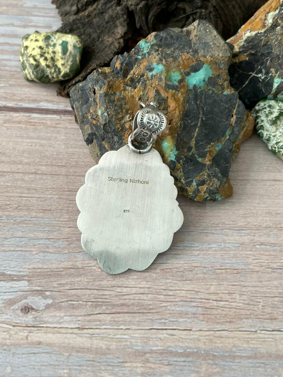 Handmade Sterling Silver Number 8 Turquoise Pendant "Signed Nizhoni" Nizhoni Traders LLC