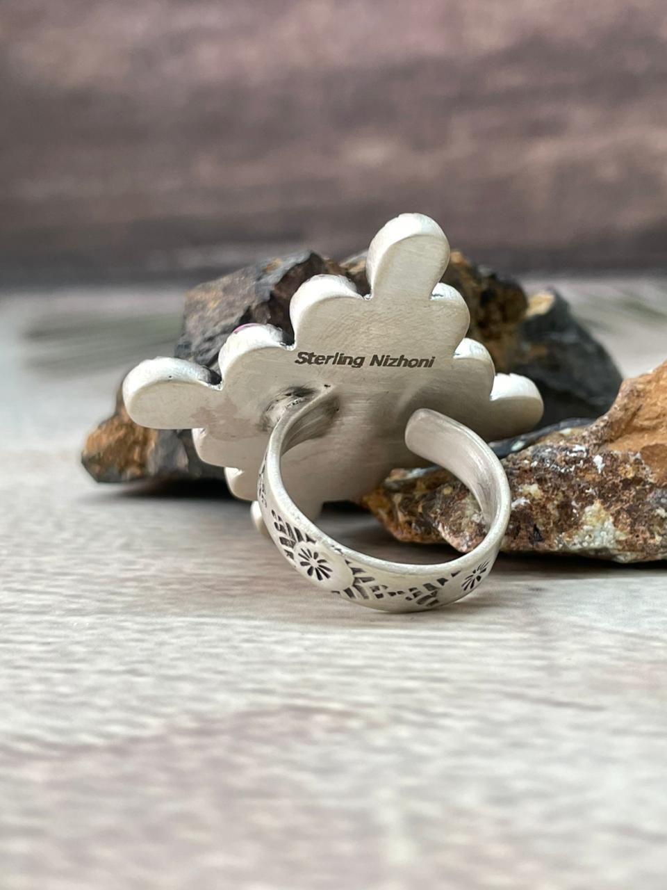 Handmade Sterling Silver Cherry Blossom Adjustable Ring "Signed Nizhoni" Nizhoni Traders LLC
