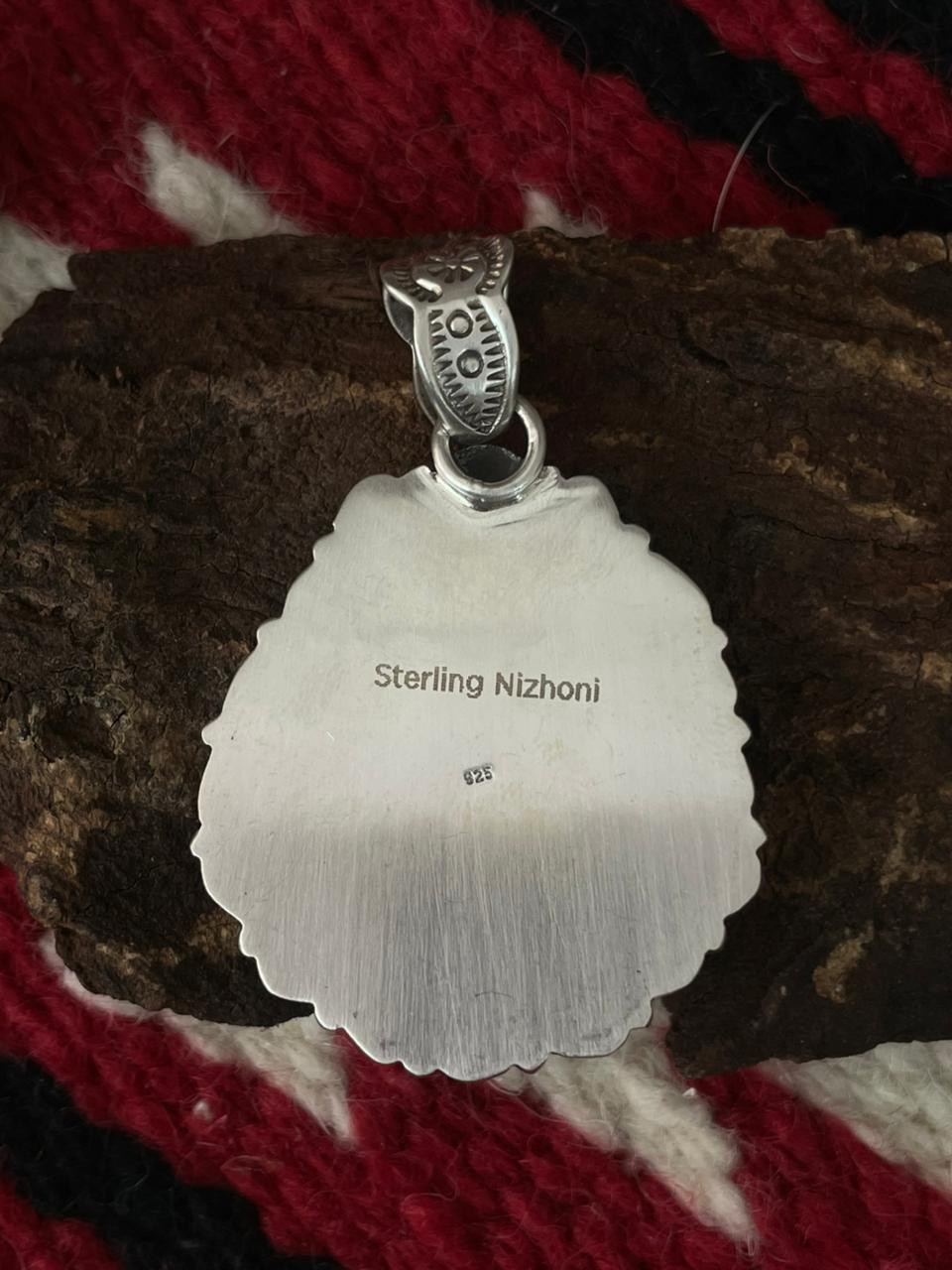 Handmade Sterling Silver Dahlia Rose with Emerald Valley Turquoise Pendant "Signed Nizhoni" Nizhoni Traders LLC