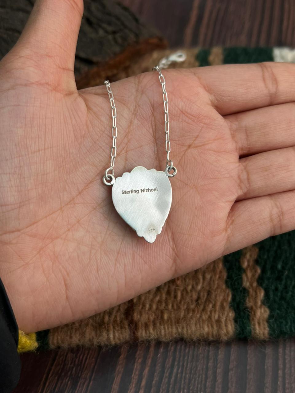 "Heart Collection" Handmade Sterling Silver Kingman Turquoise Necklace "Signed Nizhoni" Nizhoni Traders LLC