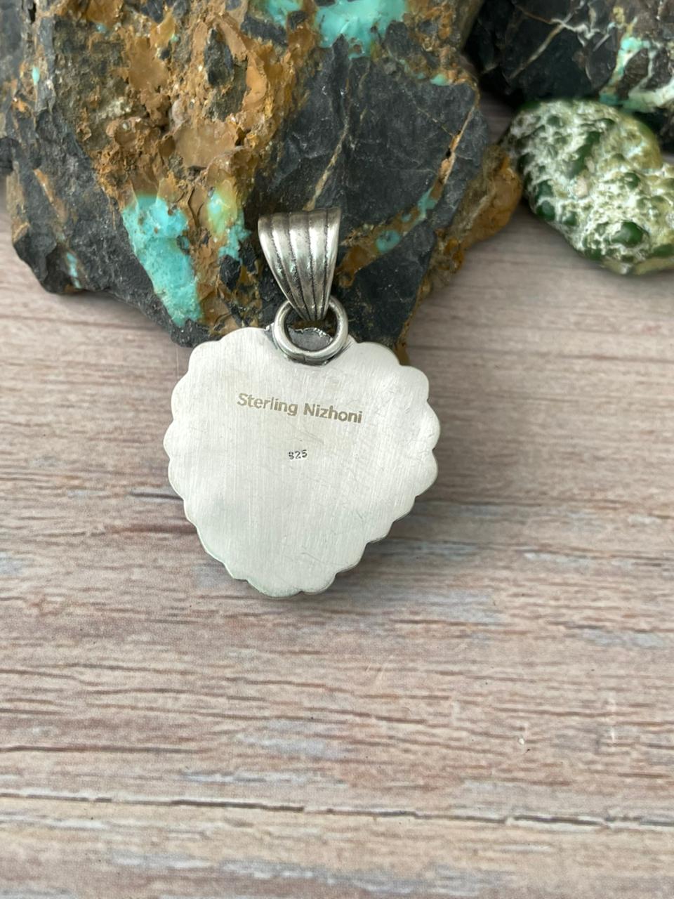 Handmade Sterling Silver Mantis Turquoise Heart Pendant " Signed Nizhoni" Nizhoni Traders LLC