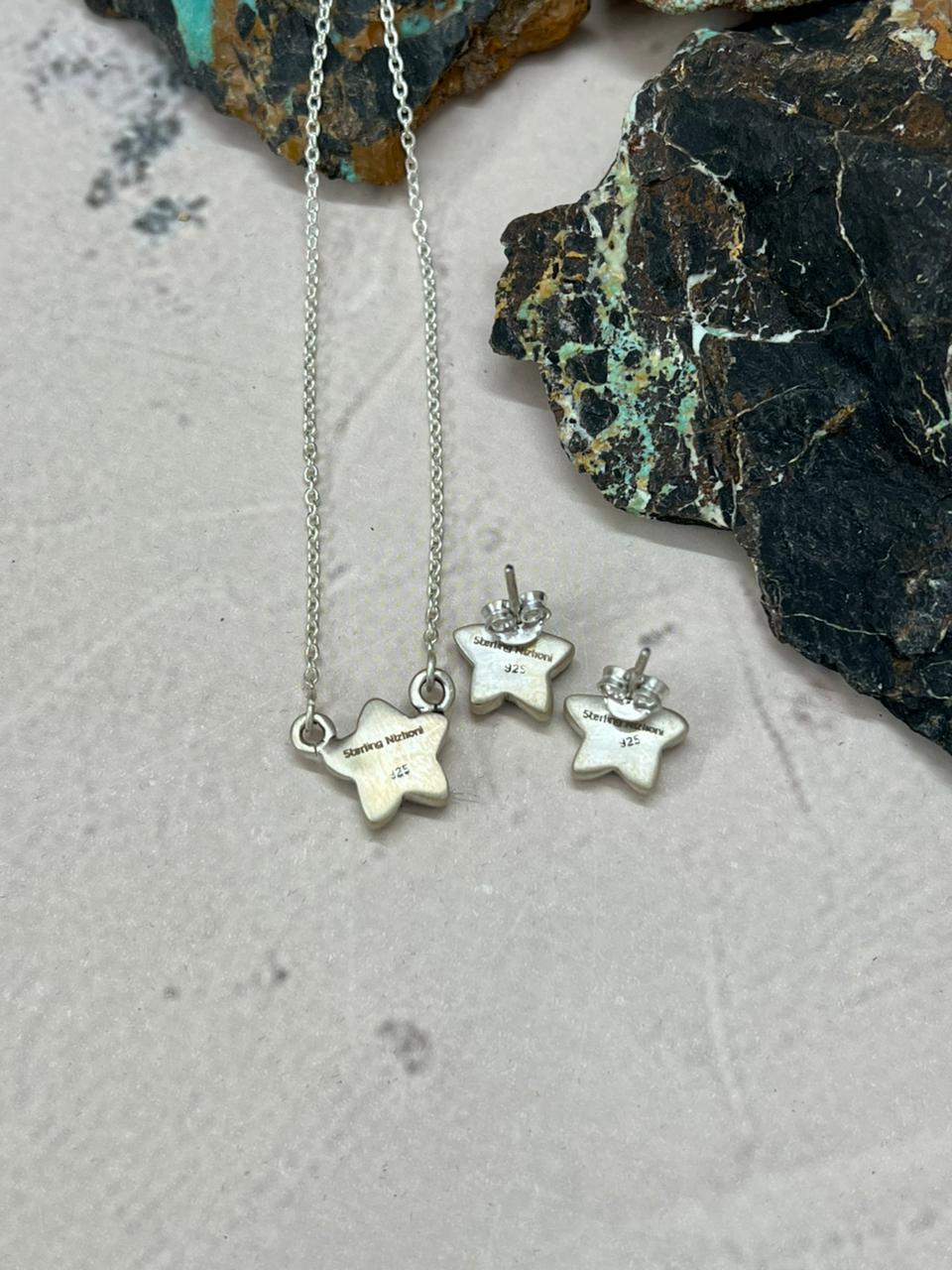 Handmade Sterling Silver Kingman Turquoise Necklace Earrings Set "Signed Nizhoni" Nizhoni Traders LLC