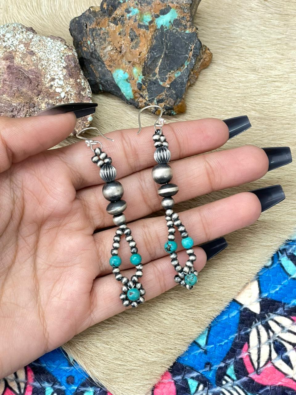 Handmade Sterling Silver Beaded Kingman Turquoise Hook Dangle Earrings Nizhoni Traders LLC