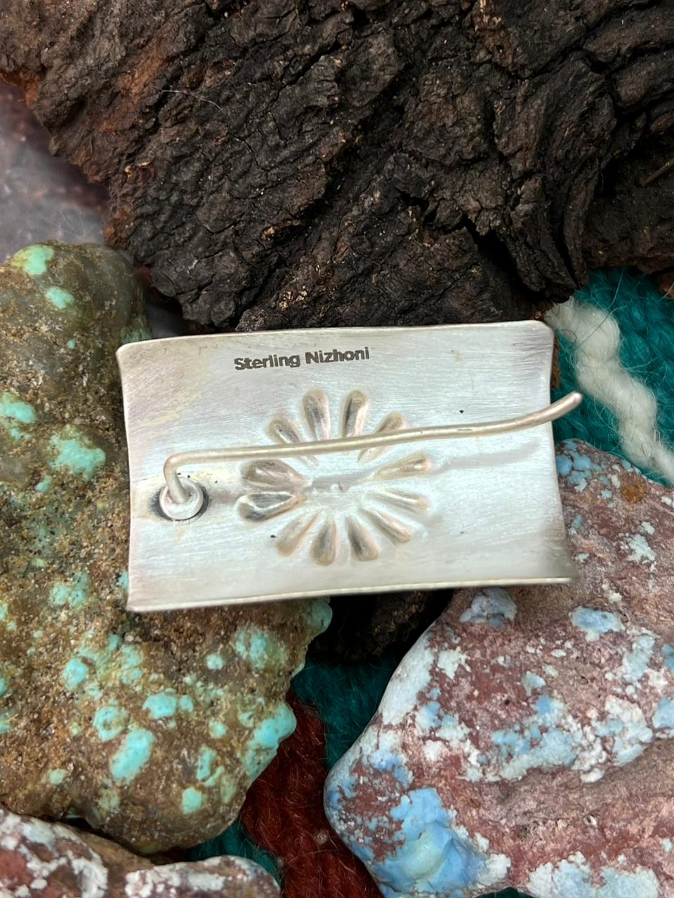 Handmade Sterling Silver Kingman Turquoise Hair Pin "Stamped Nizhoni" Nizhoni Traders LLC