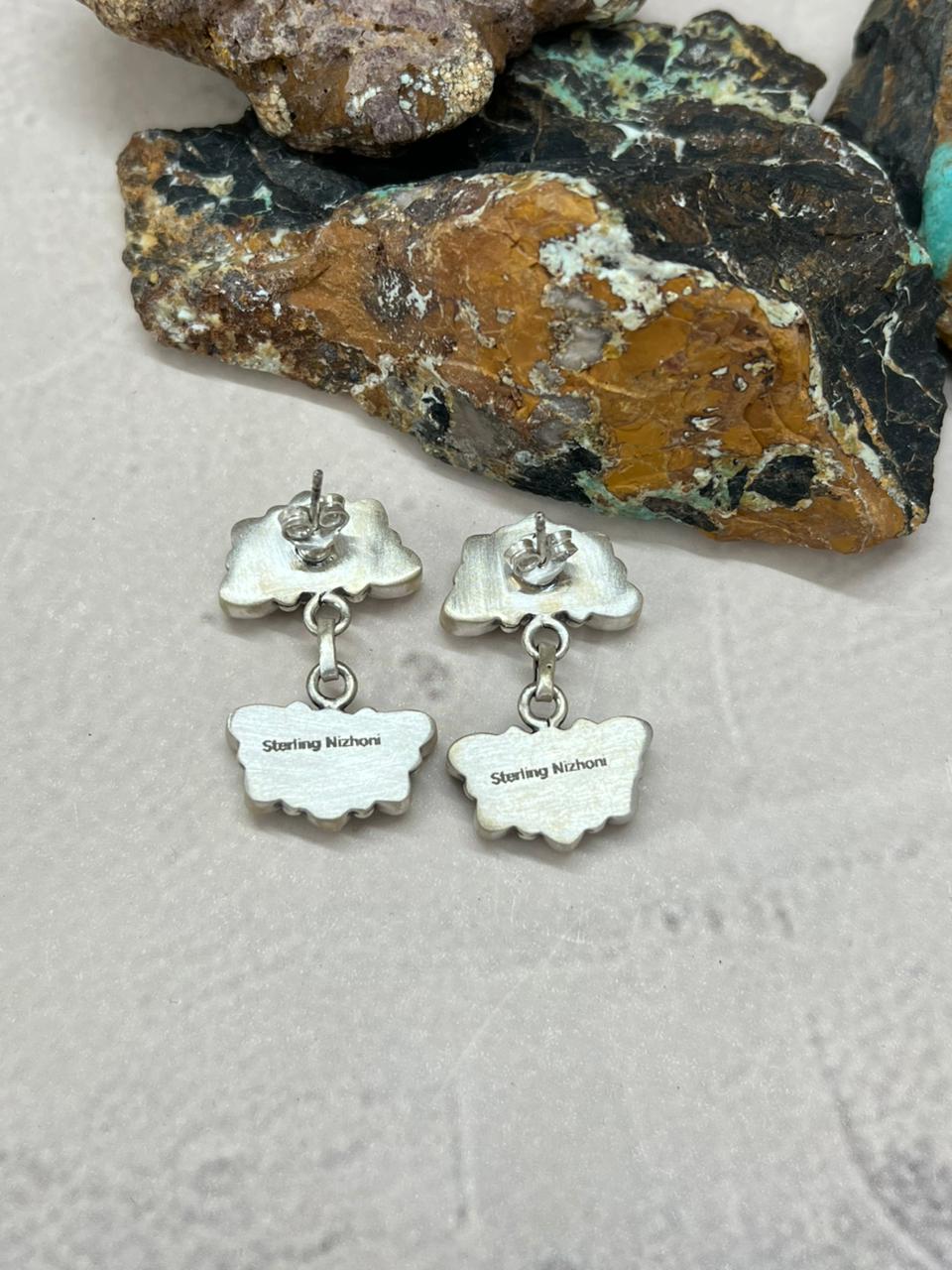 Handmade Sterling Silver White Buffalo Post Earrings "Signed Nizhoni" Nizhoni Traders LLC