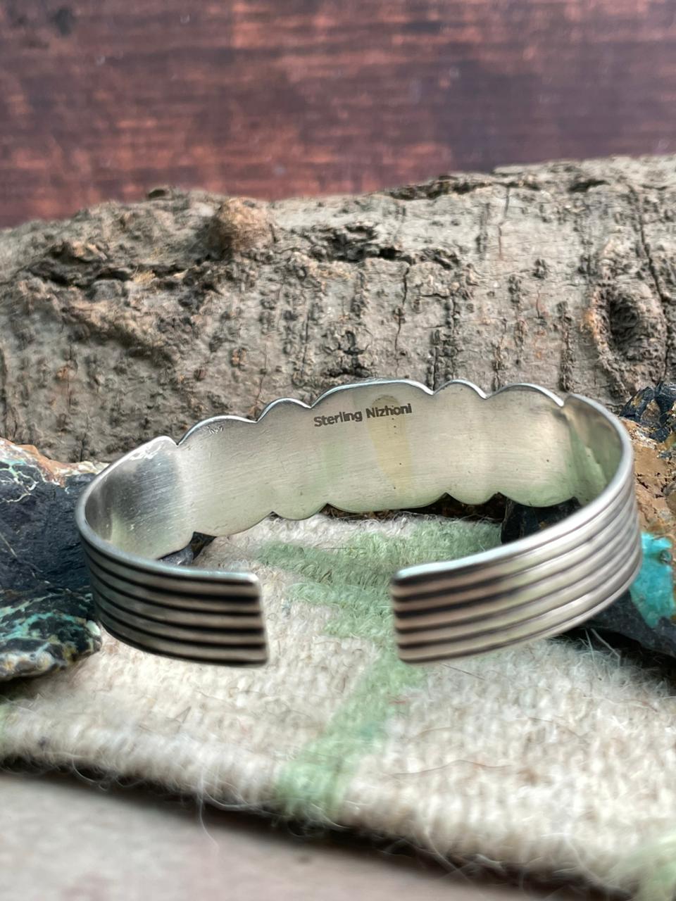 Handmade Sterling Silver Kingman Turquoise Thunderbird Cuff Bracelet "Signed Nizhoni" Nizhoni Traders LLC