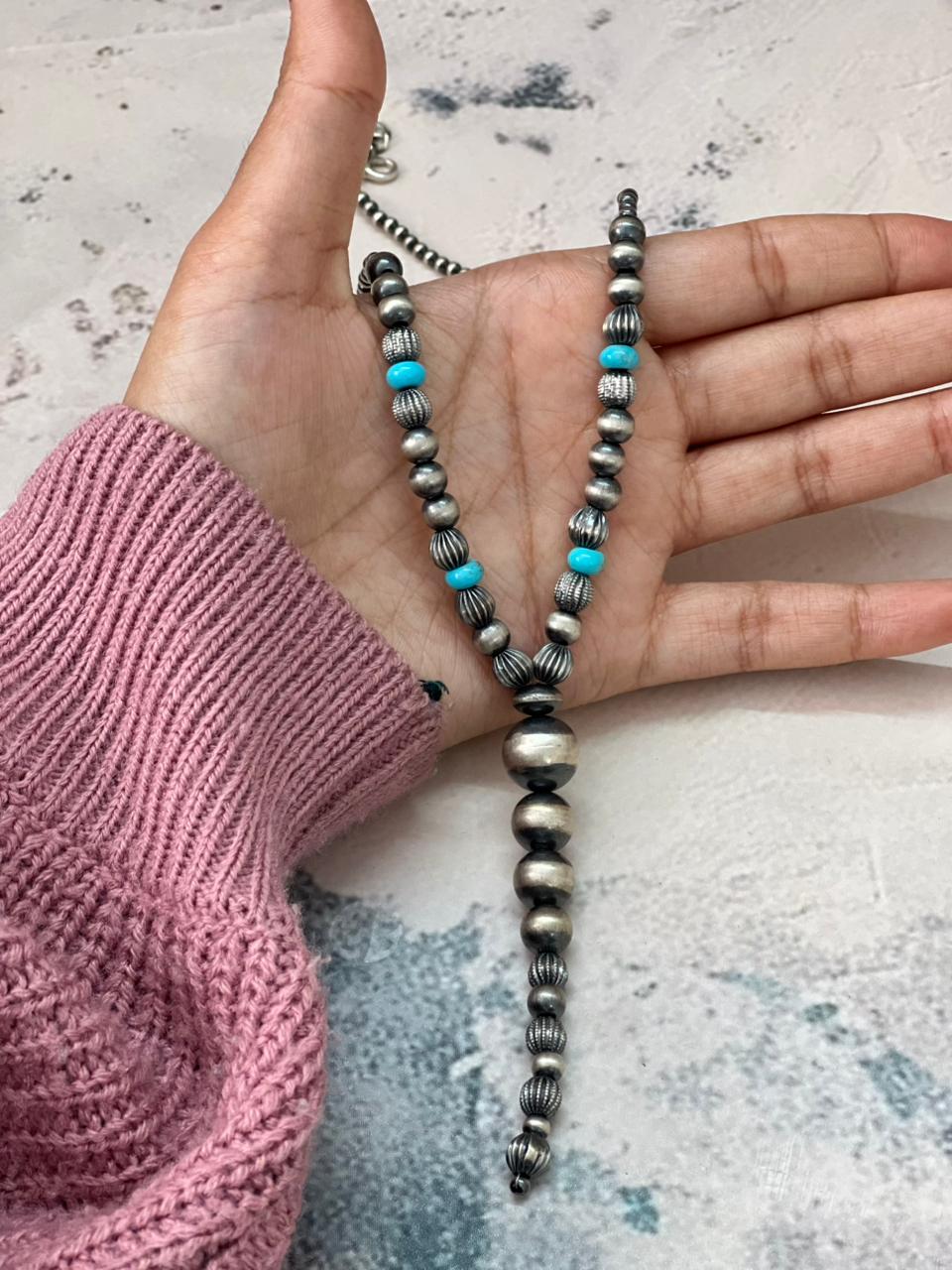 Handmade Sterling Silver Beaded Kingman Turquoise Necklace "Signed Nizhoni" Nizhoni Traders LLC