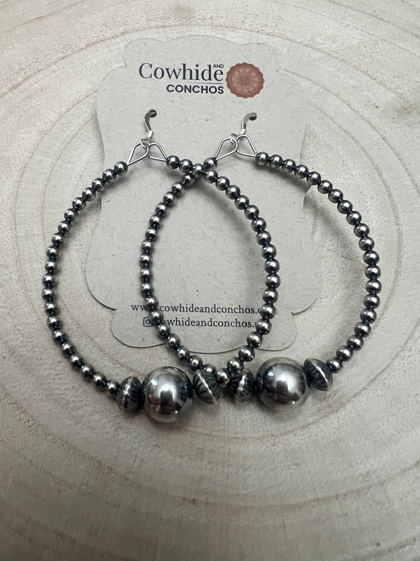 3 mm Sterling Silver Pearl Hoops with 10 mm - 2 inch drop Cowhide and Conchos