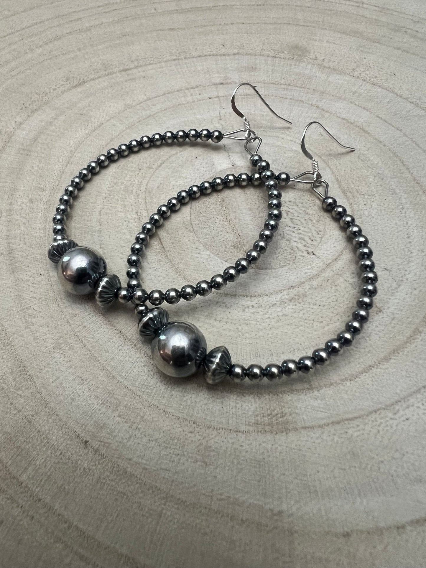 3 mm Sterling Silver Pearl Hoops with 10 mm - 2 inch drop Cowhide and Conchos