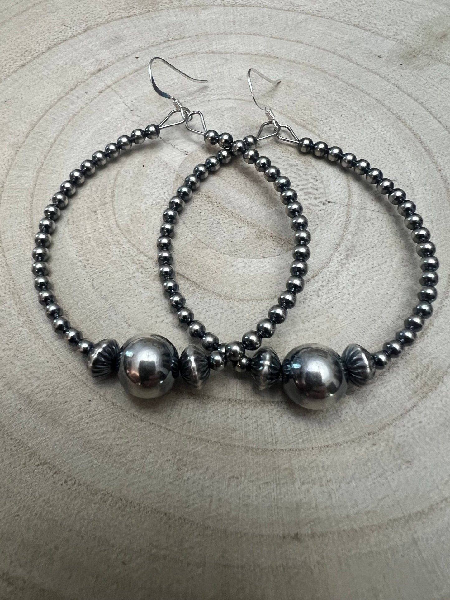 3 mm Sterling Silver Pearl Hoops with 10 mm - 2 inch drop Cowhide and Conchos