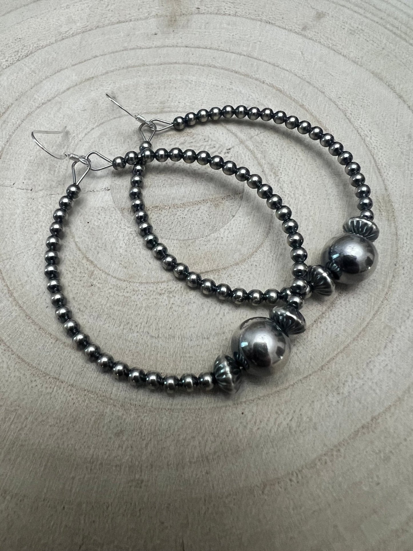 3 mm Sterling Silver Pearl Hoops with 10 mm - 2 inch drop Cowhide and Conchos