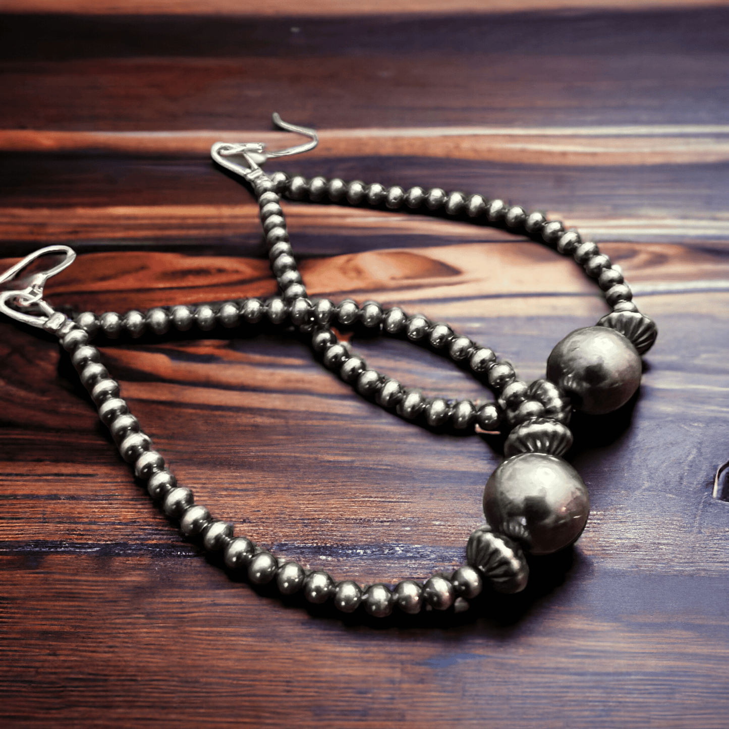 3 mm Sterling Silver Pearls earrings teardrop with 10 mm Cowhide and Conchos