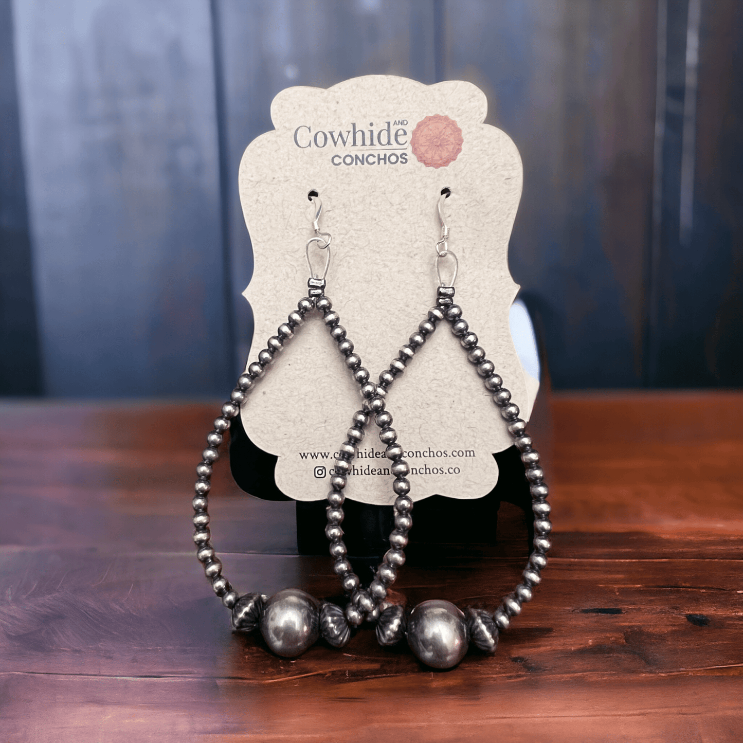 3 mm Sterling Silver Pearls earrings teardrop with 10 mm Cowhide and Conchos
