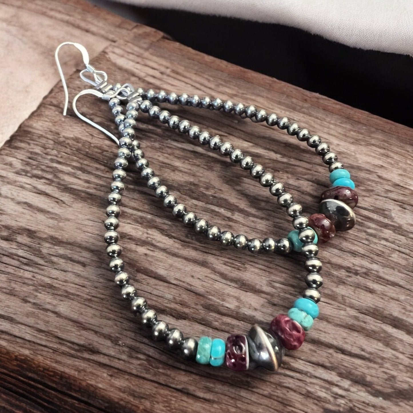 3 mm teardrop earrings Sterling Silver Pearls with Purple Spiny Oyster Cowhide and Conchos