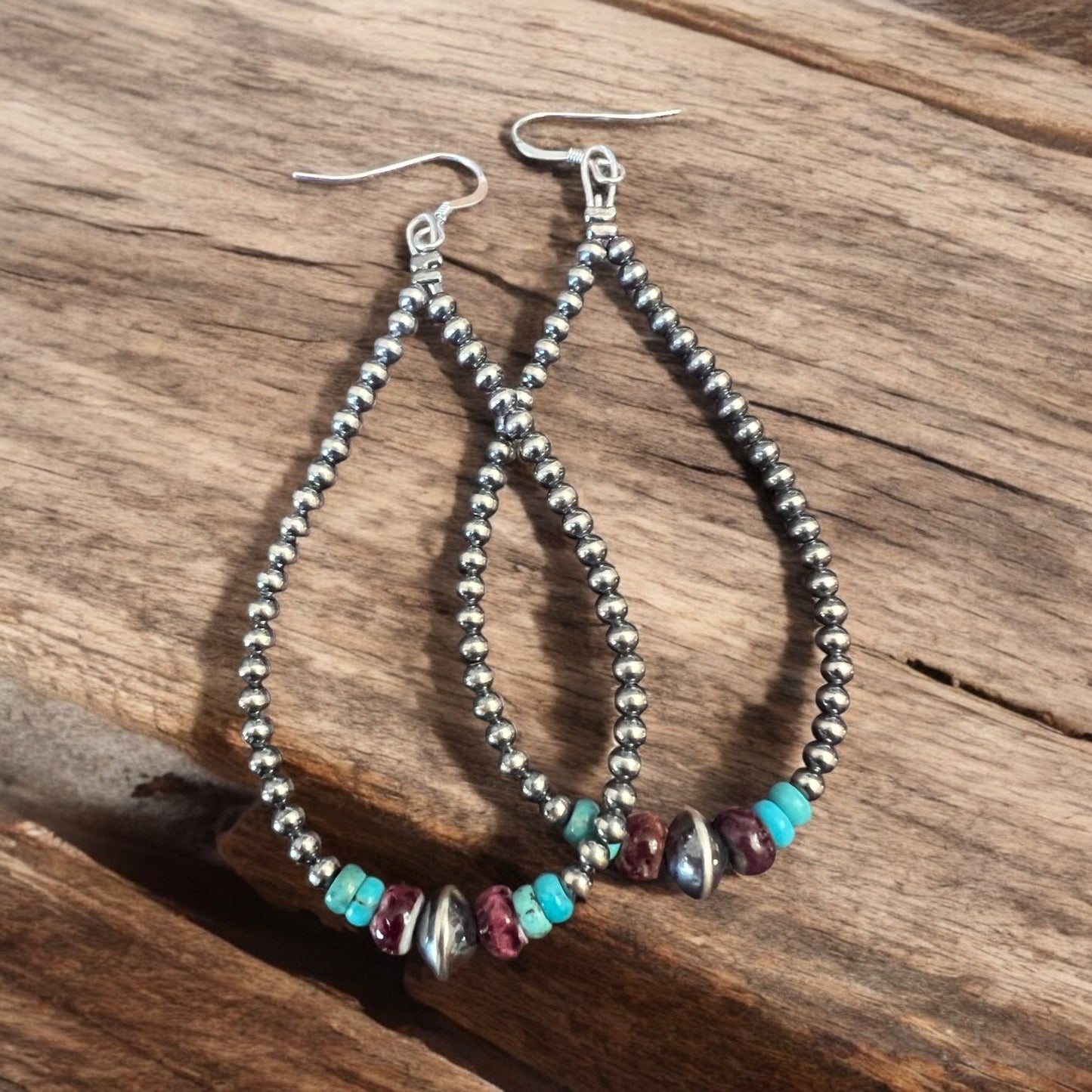 3 mm teardrop earrings Sterling Silver Pearls with Purple Spiny Oyster Cowhide and Conchos