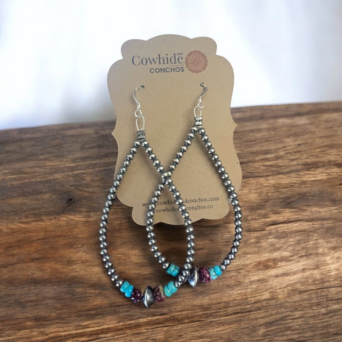 3 mm teardrop earrings Sterling Silver Pearls with Purple Spiny Oyster Cowhide and Conchos