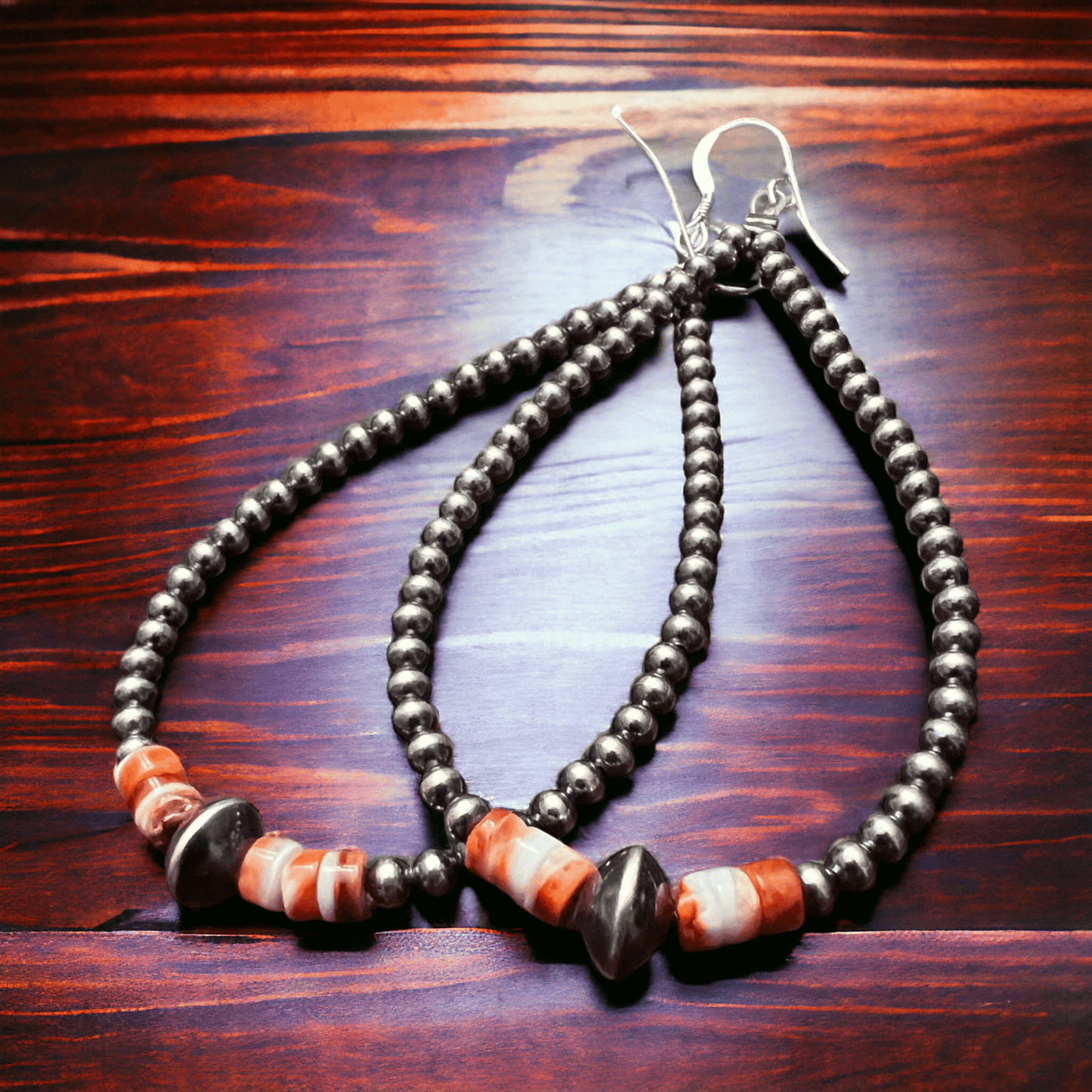 3mm teardrop Sterling Silver Pearls earrings with orange Spiny Oyster - 3 1/4 inch drop Cowhide and Conchos
