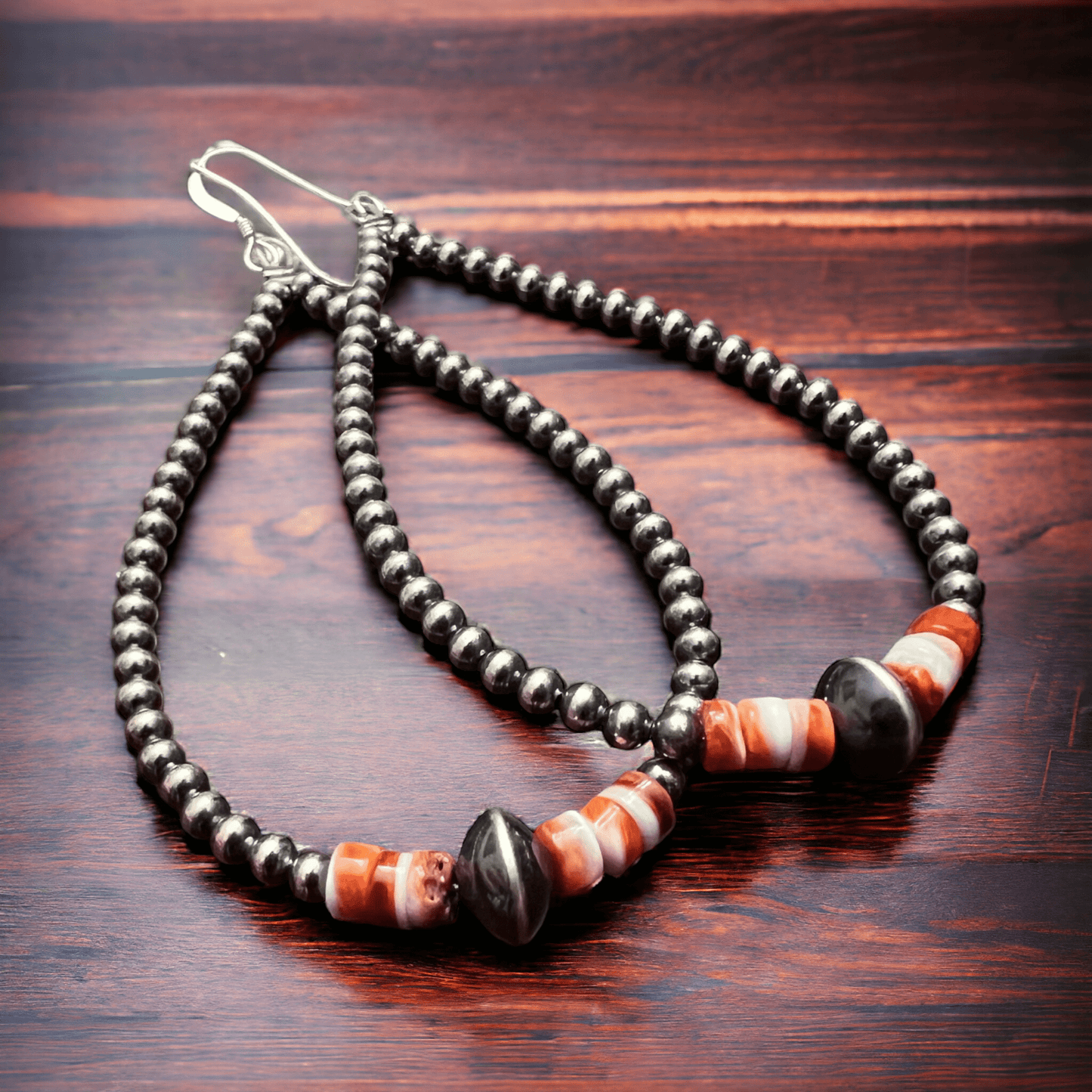 3mm teardrop Sterling Silver Pearls earrings with orange Spiny Oyster - 3 1/4 inch drop Cowhide and Conchos