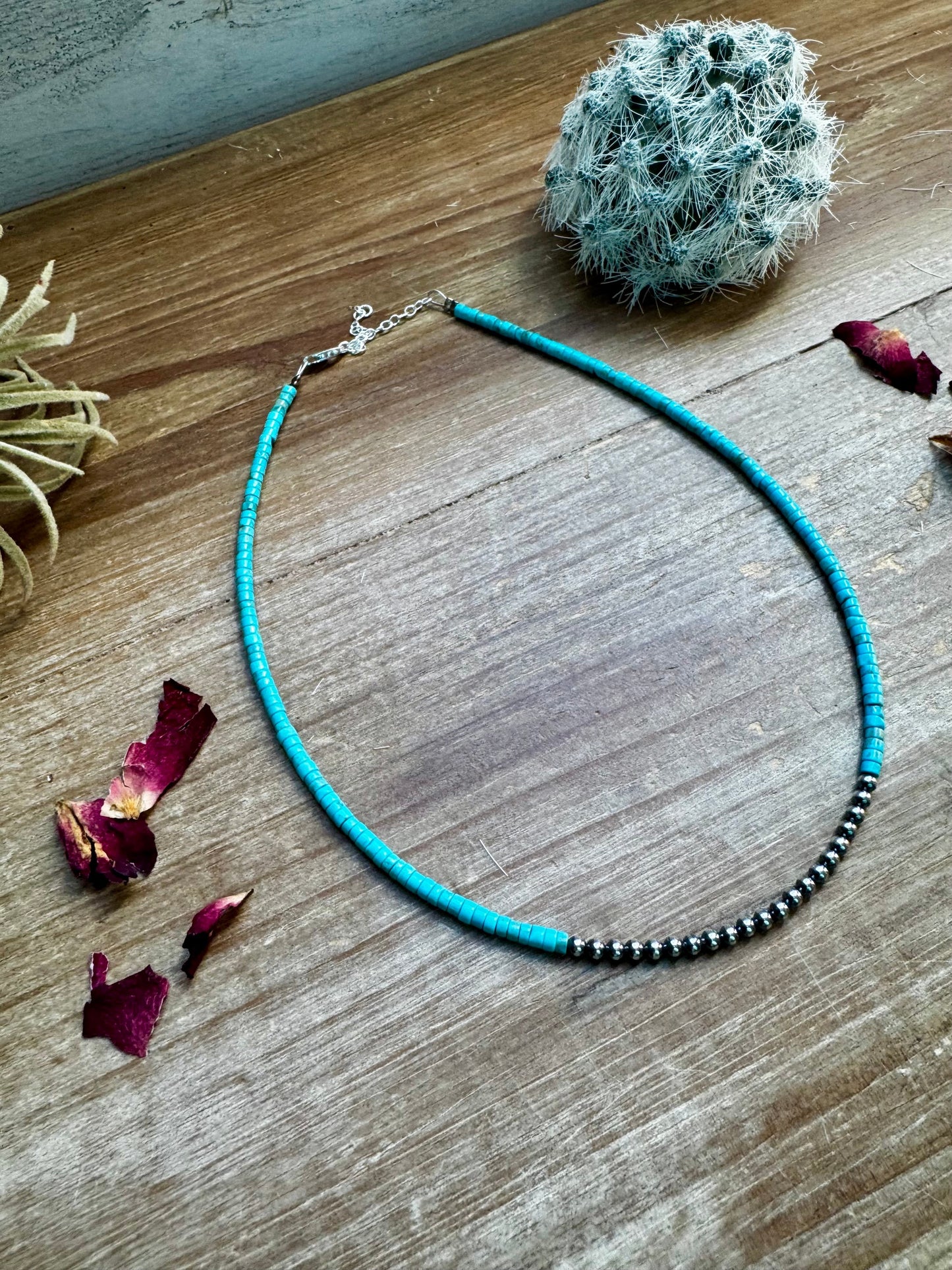 3 mm Sterling Silver Pearls choker with magnesite darker turquoise heishi - western jewelry The Bijoux FAB Jewelry