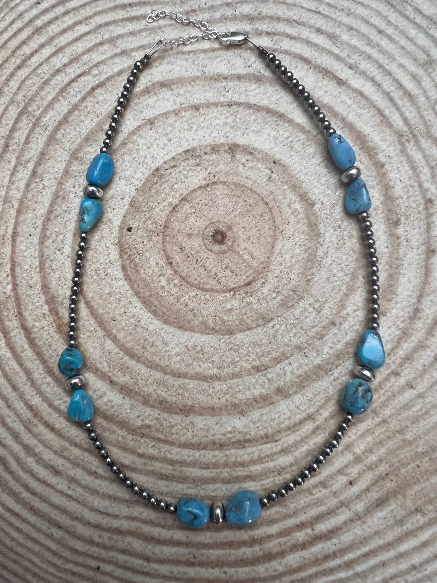 3mm sterling silver pearls choker with Blue Turquoise - 14 inch Cowhide and Conchos