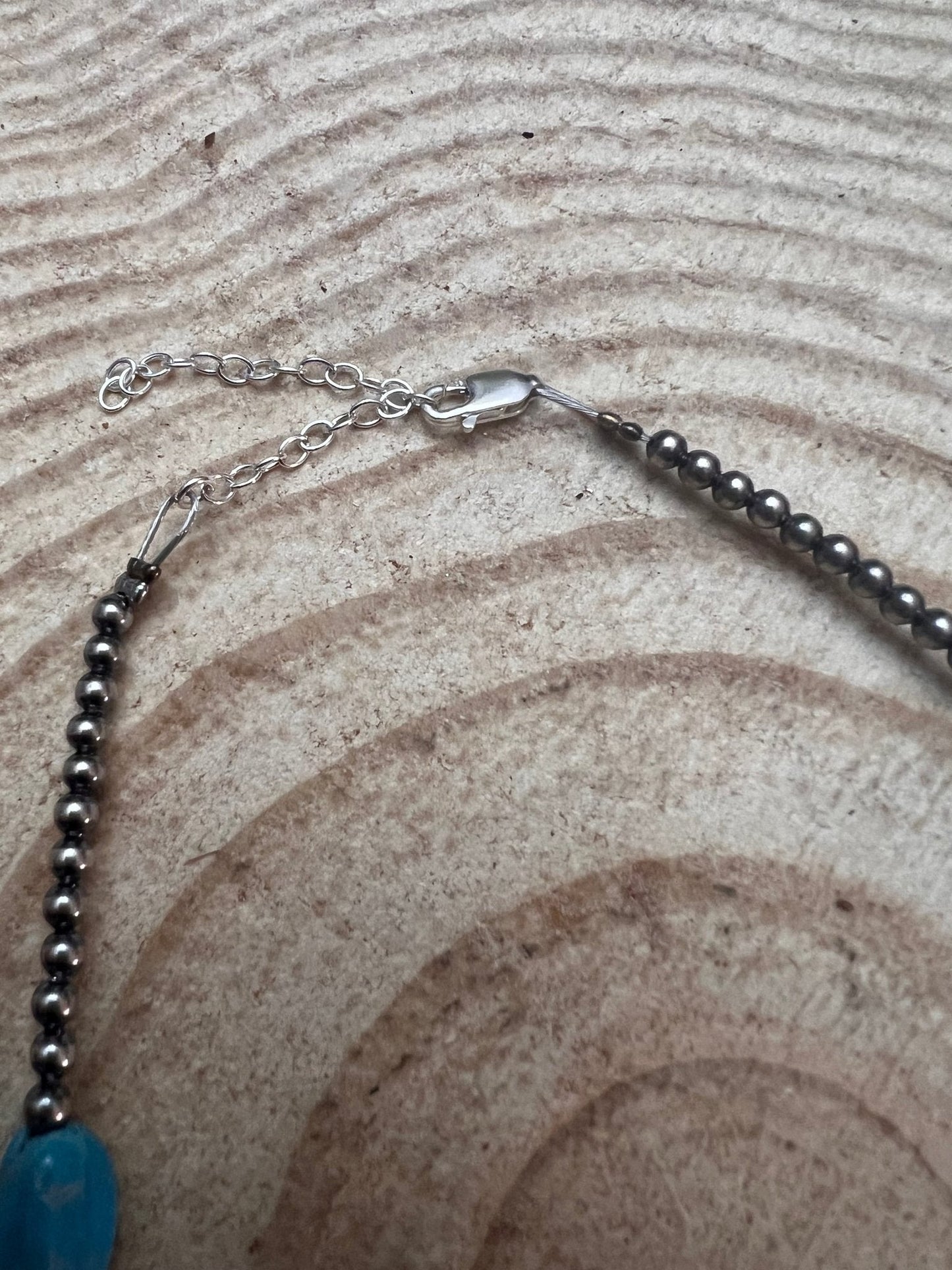 3mm sterling silver pearls choker with Blue Turquoise - 14 inch Cowhide and Conchos