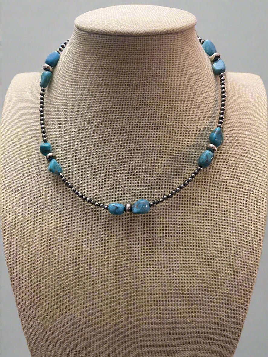 3mm sterling silver pearls choker with Blue Turquoise - 14 inch Cowhide and Conchos