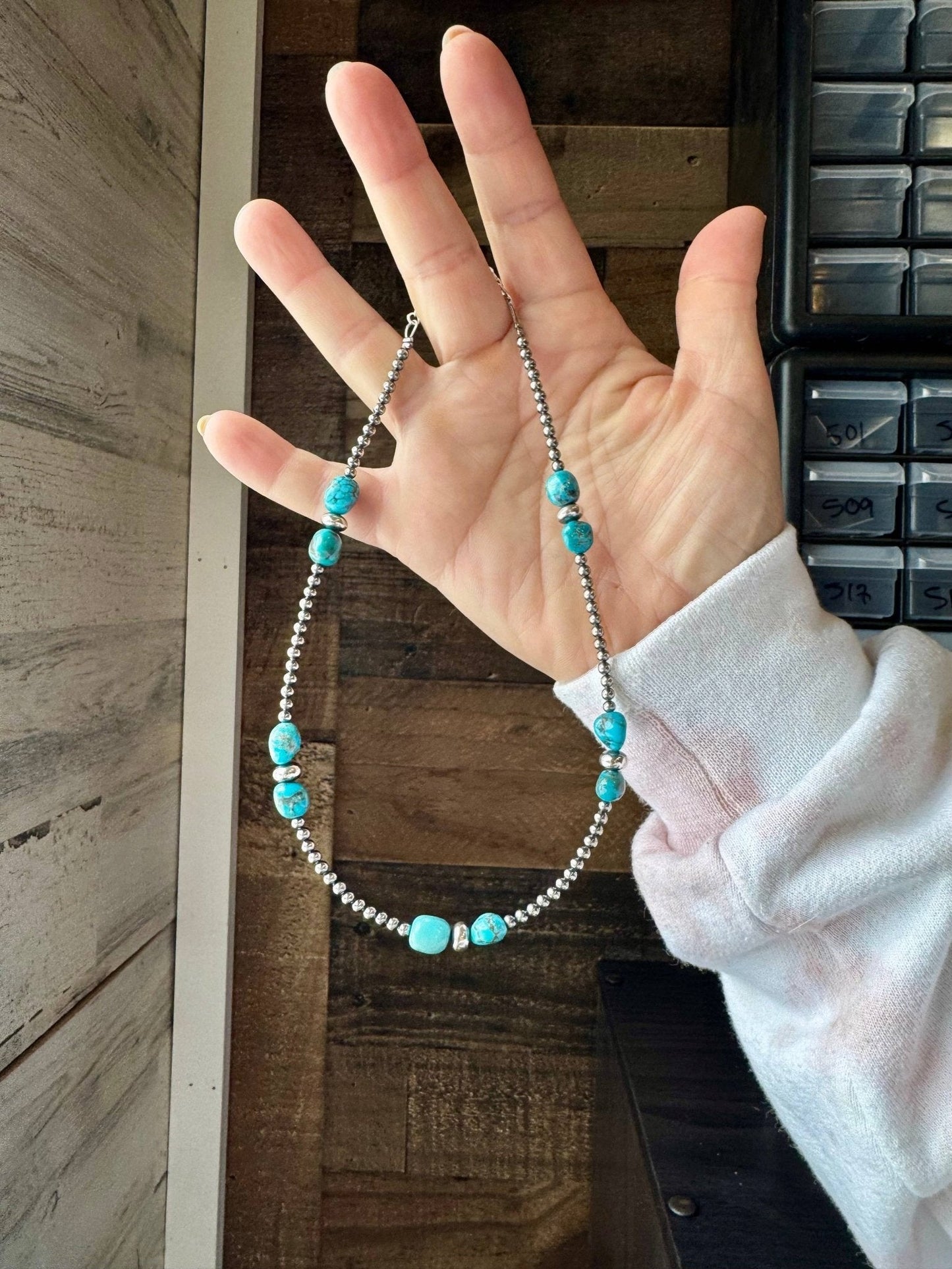 3mm sterling silver pearls choker with Blue Turquoise - 14 inch Cowhide and Conchos