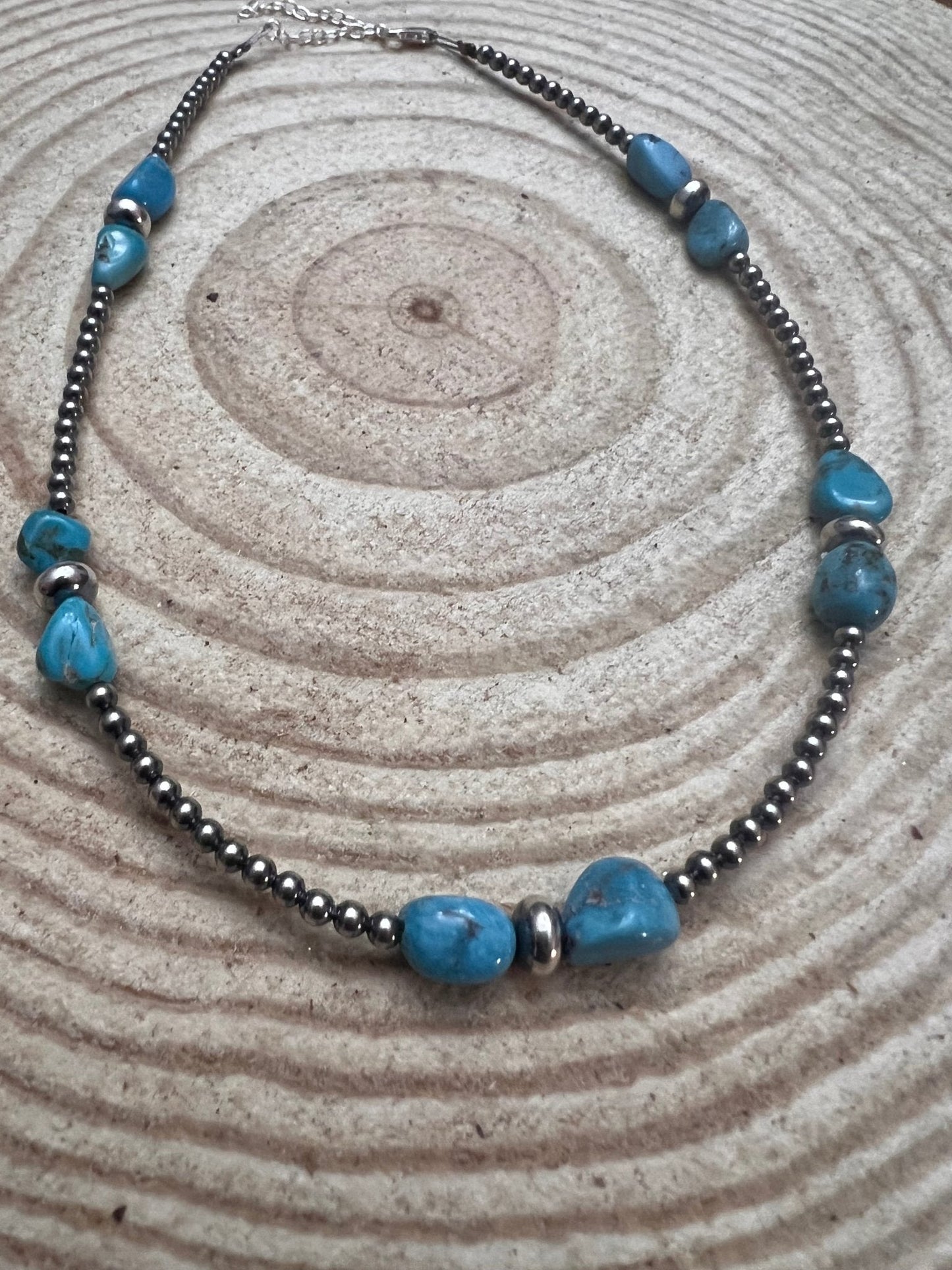 3mm sterling silver pearls choker with Blue Turquoise - 14 inch Cowhide and Conchos