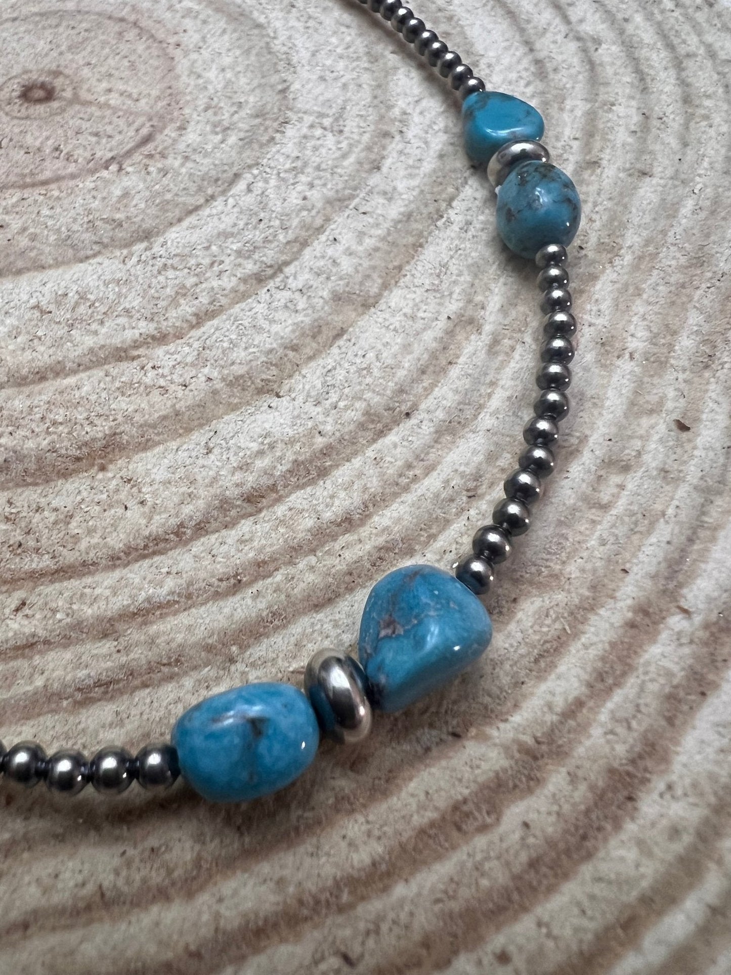 3mm sterling silver pearls choker with Blue Turquoise - 14 inch Cowhide and Conchos