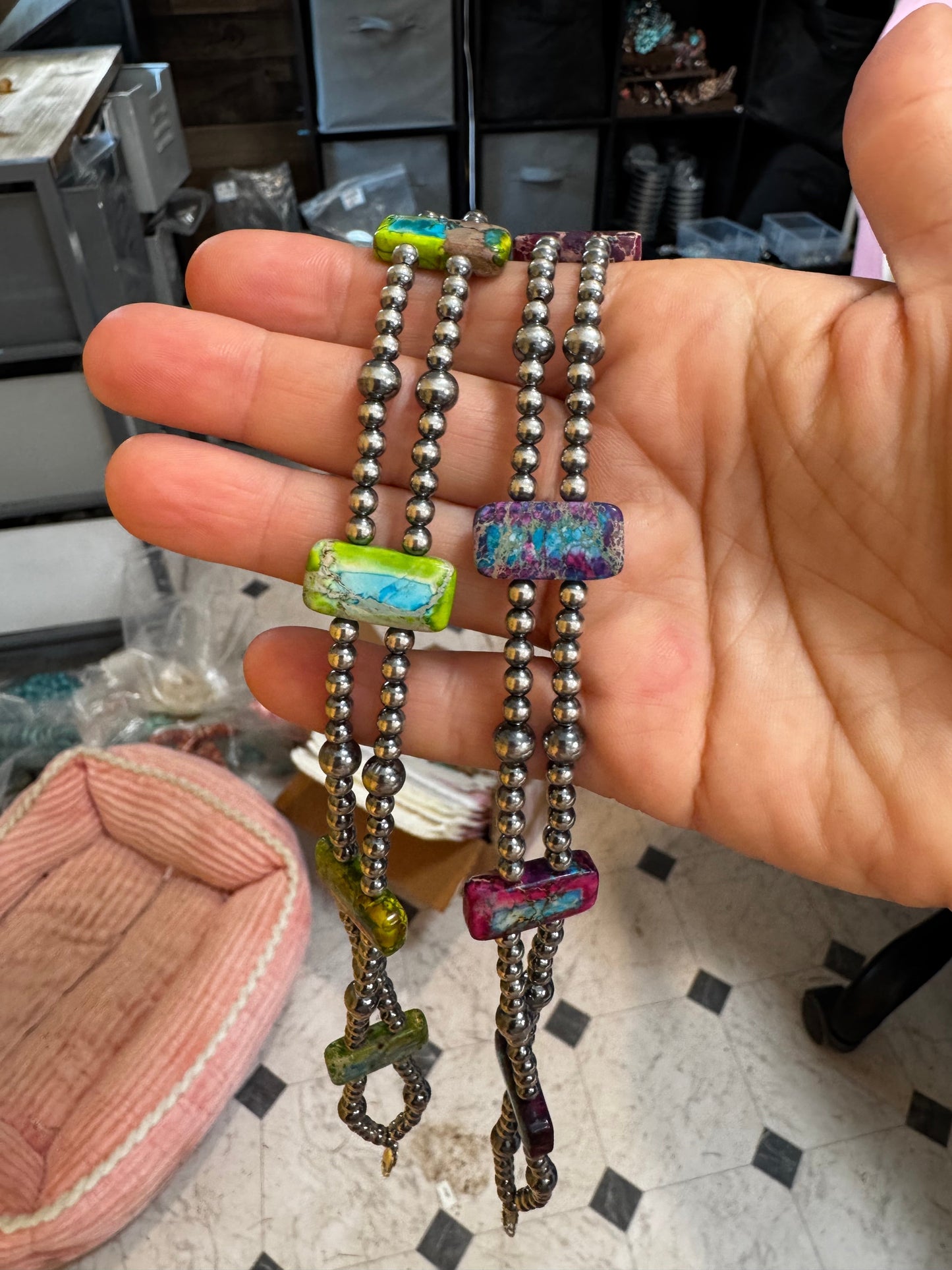 Purple Double Strand Necklace – 13” Beaded – Sterling Silver Pearls & Rectangle Variscite Turquoise The Bijoux FAB Jewelry