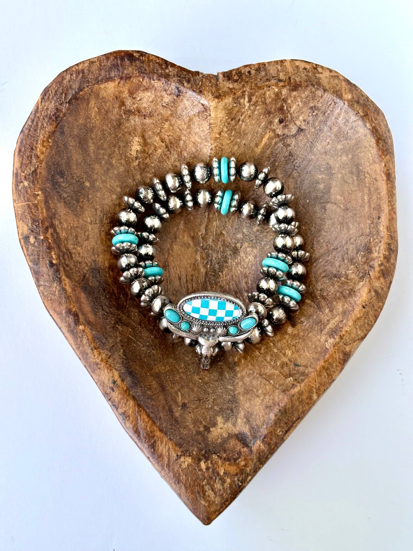 2 Layered Western Steerhead Checkerboard Stretch Bracelet Boho Ranch Shop