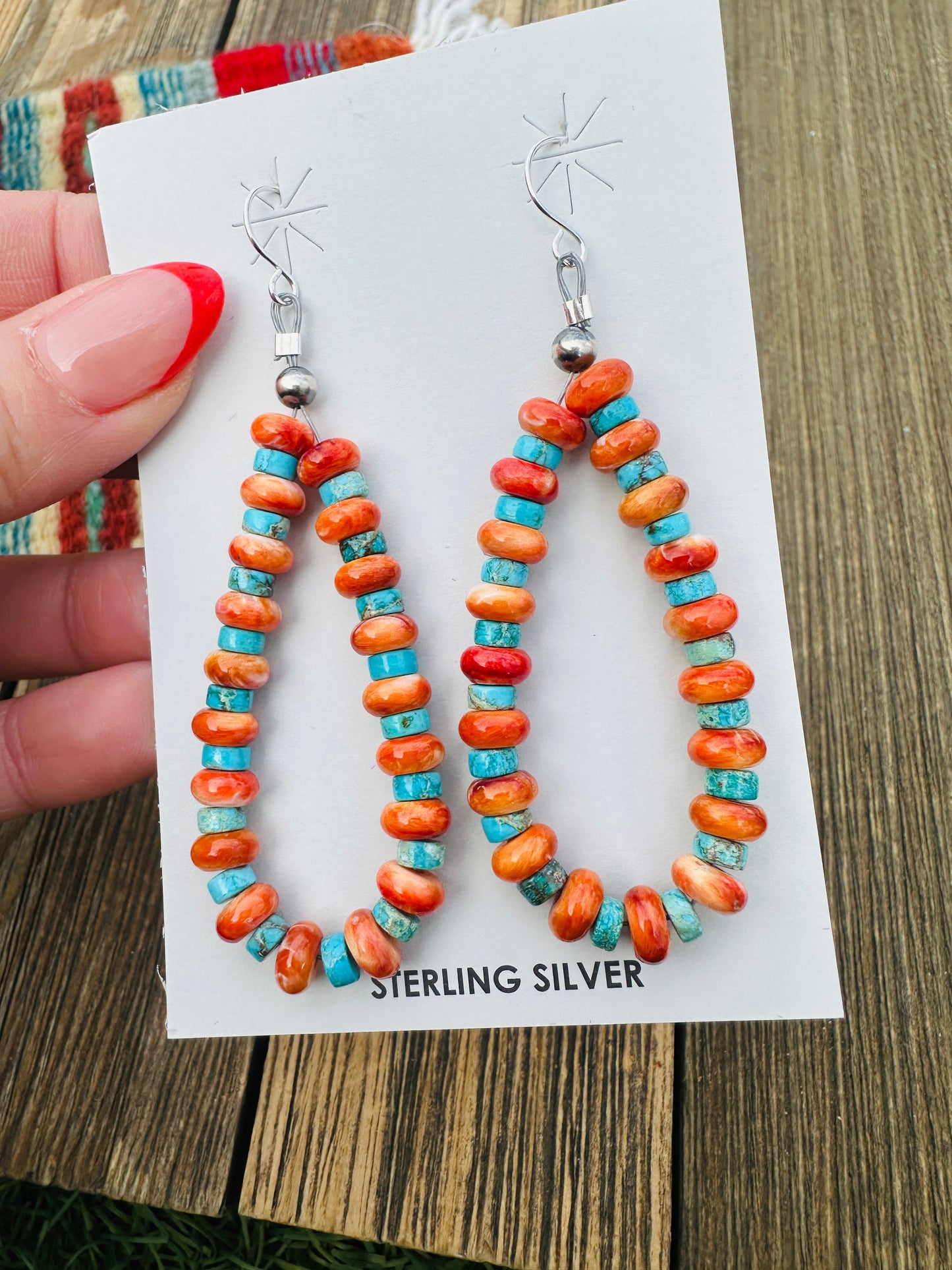 Handcrafted Orange Spiny, Turquoise & Sterling Silver Beaded Dangle Hoop Earrings Nizhoni Traders LLC