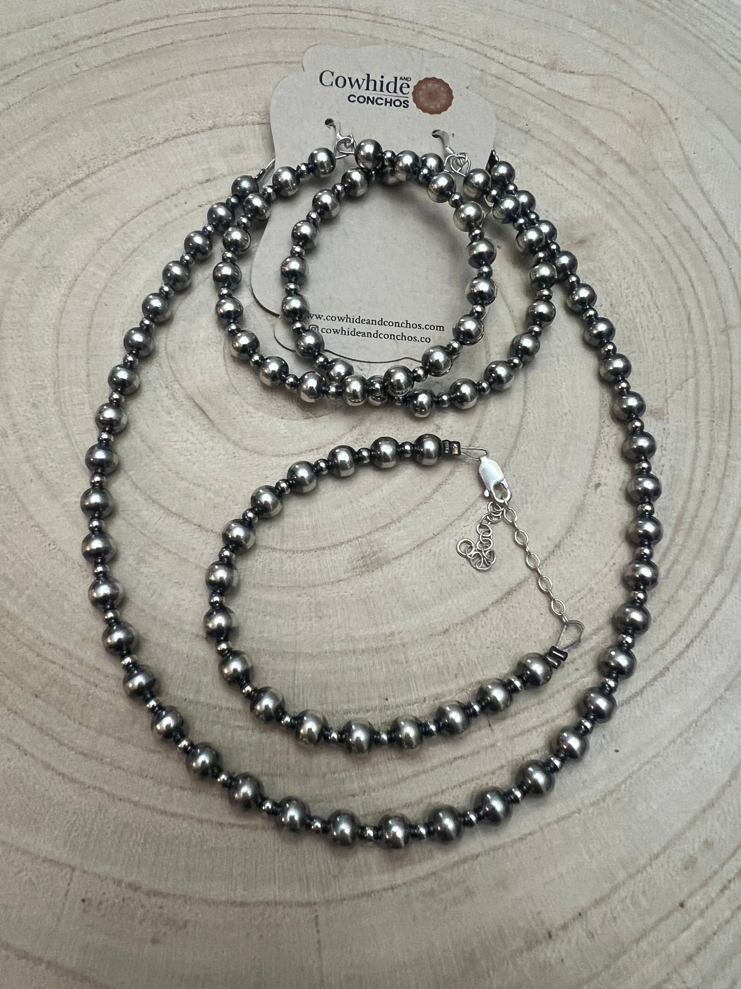 6mm and 3mm Sterling Silver Pearls choker necklace - 14 inch choker Cowhide and Conchos