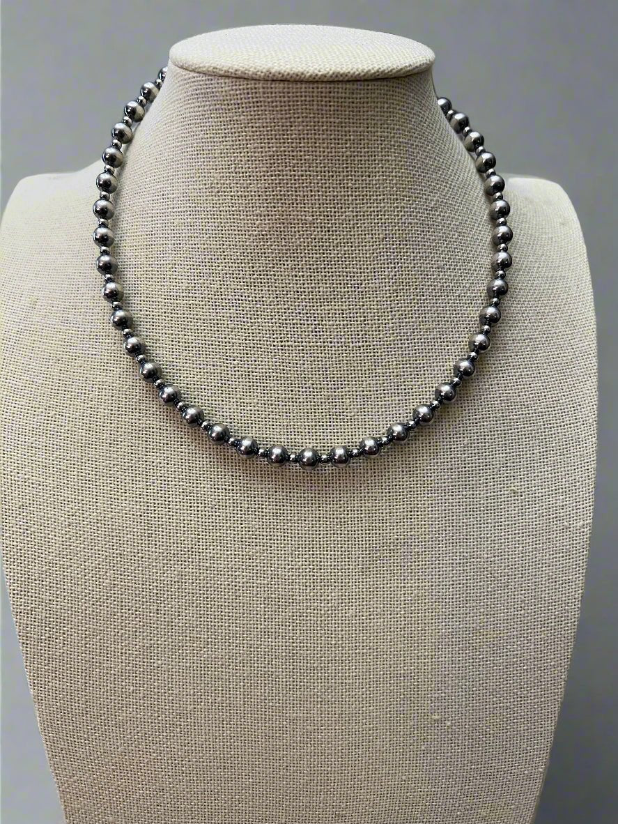6mm and 3mm Sterling Silver Pearls choker necklace - 14 inch choker Cowhide and Conchos