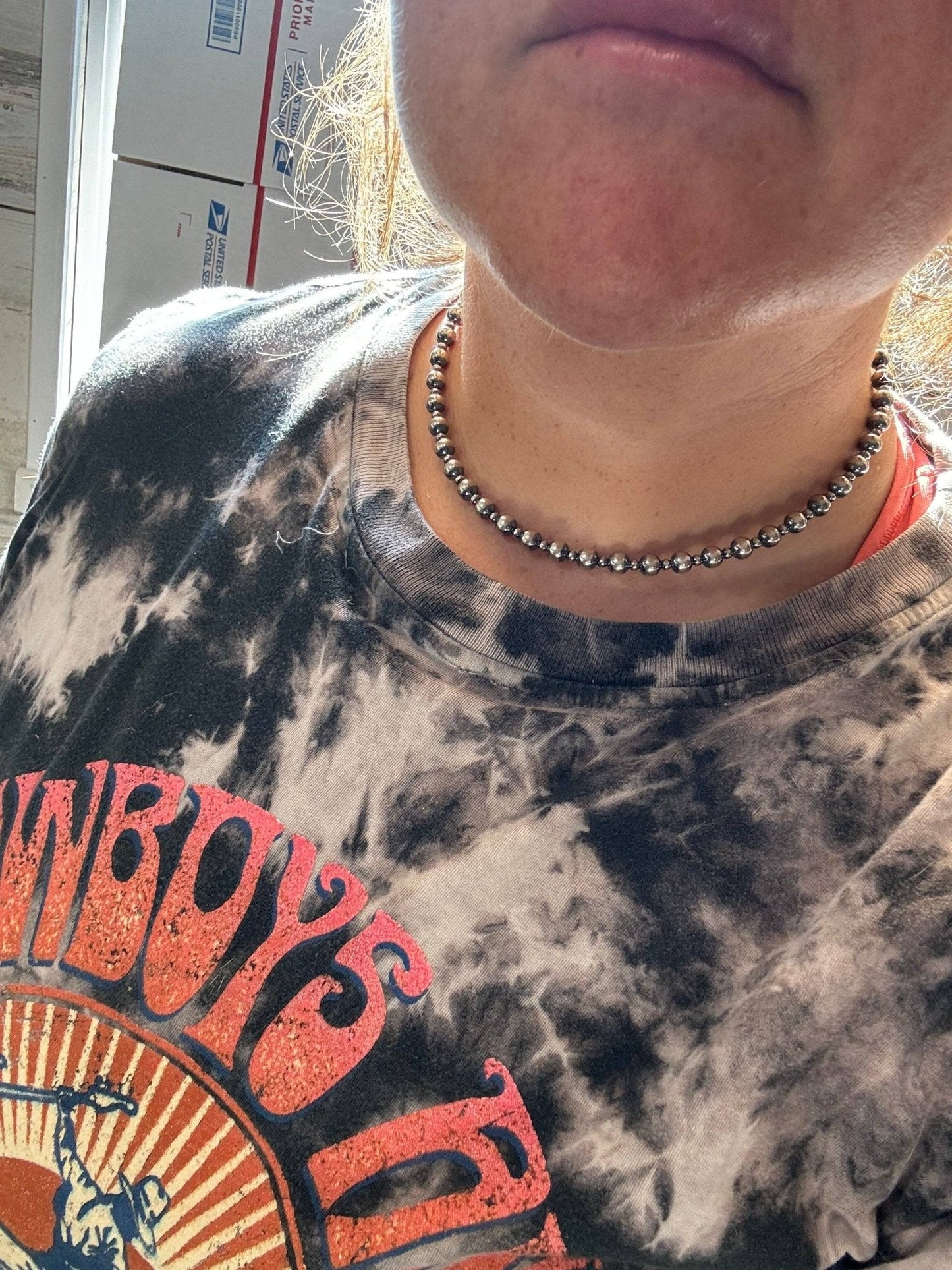 6mm and 3mm Sterling Silver Pearls choker necklace - 14 inch choker Cowhide and Conchos