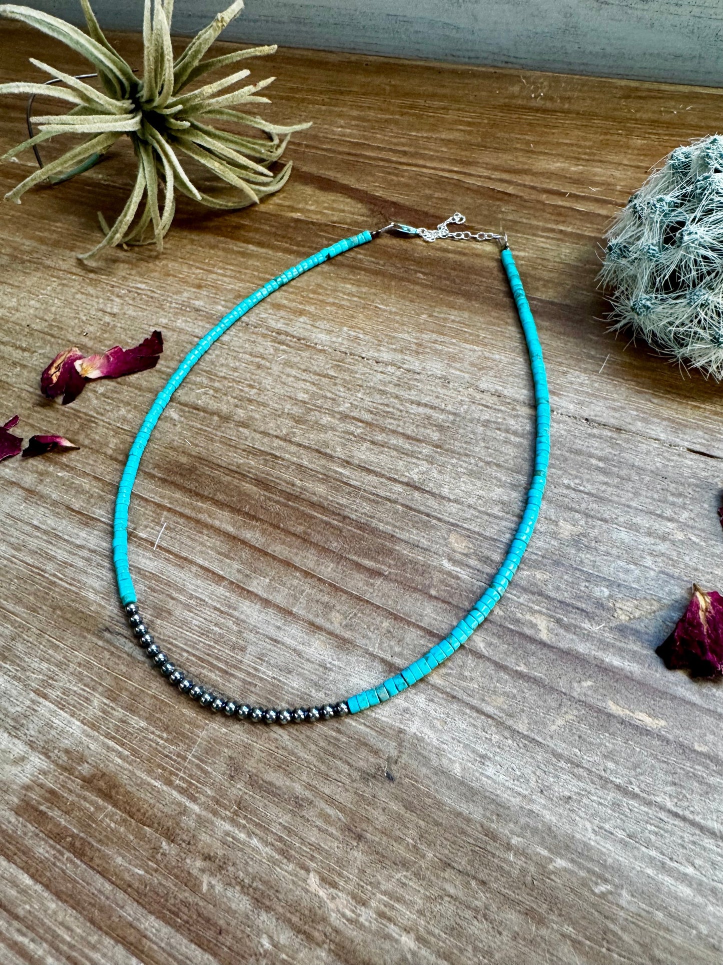 3 mm Sterling Silver Pearls choker with magnesite darker turquoise heishi - western jewelry The Bijoux FAB Jewelry