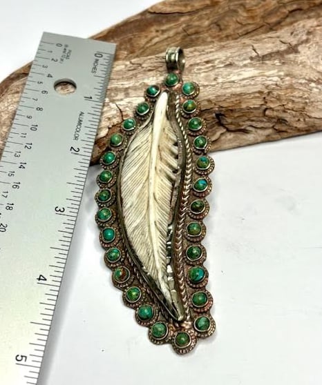Large Turquoise Bone Carved Pendant on Tibetan Silver Cedar Hill Country Market