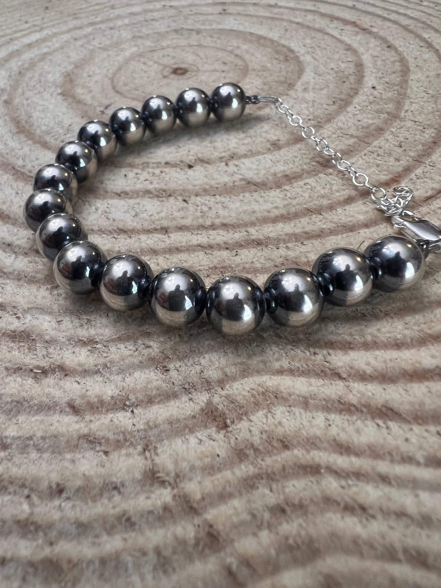 8mm Sterling Silver Pearls bracelet - 6.5 inch bracelet Cowhide and Conchos