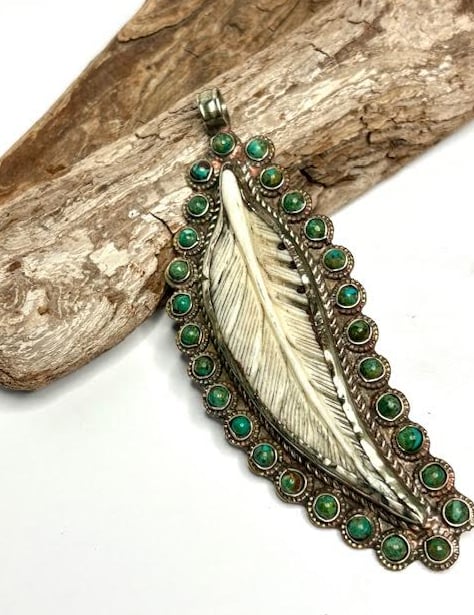 Large Turquoise Bone Carved Pendant on Tibetan Silver Cedar Hill Country Market