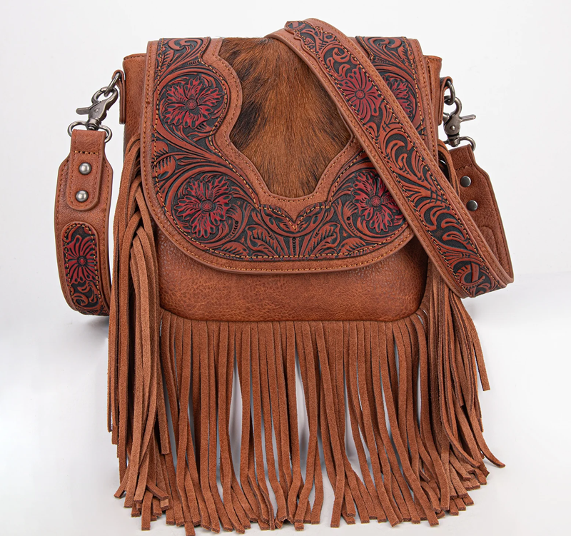 Trinity Ranch Genuine Hair-On Cowhide Tooled Fringe Crossbody Bag with Wallet - BROWN No 714 Cedar Hill Country Market