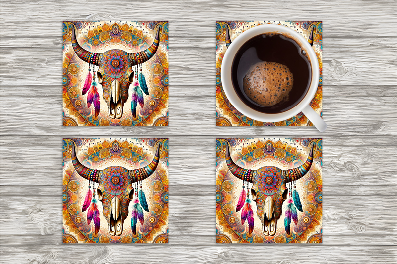 BoHo Bull Square Neoprene Coasters - Set of 4