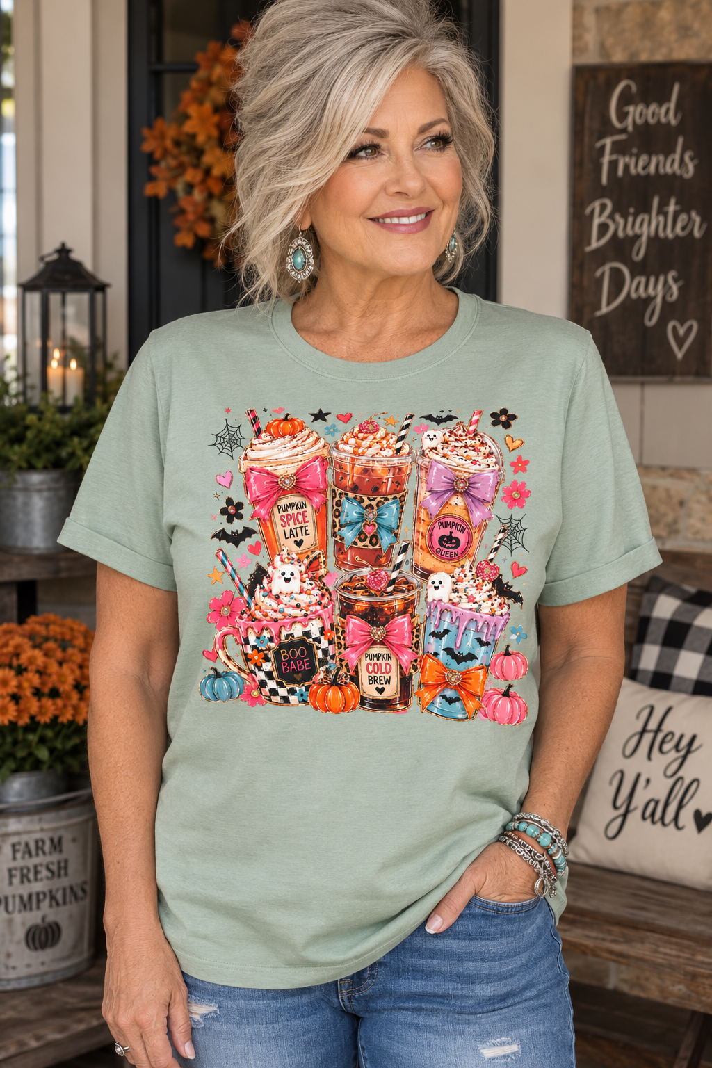 Pumpkin Spice & Halloween Rhinestone TShirt - Sage Green Cedar Hill Country Market