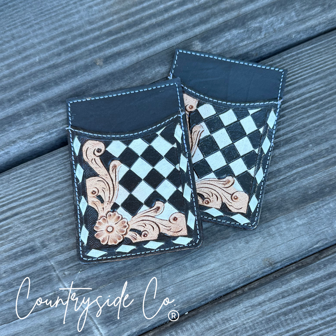 Checkered Tooled Leather Credit Card Holder Countryside Co.