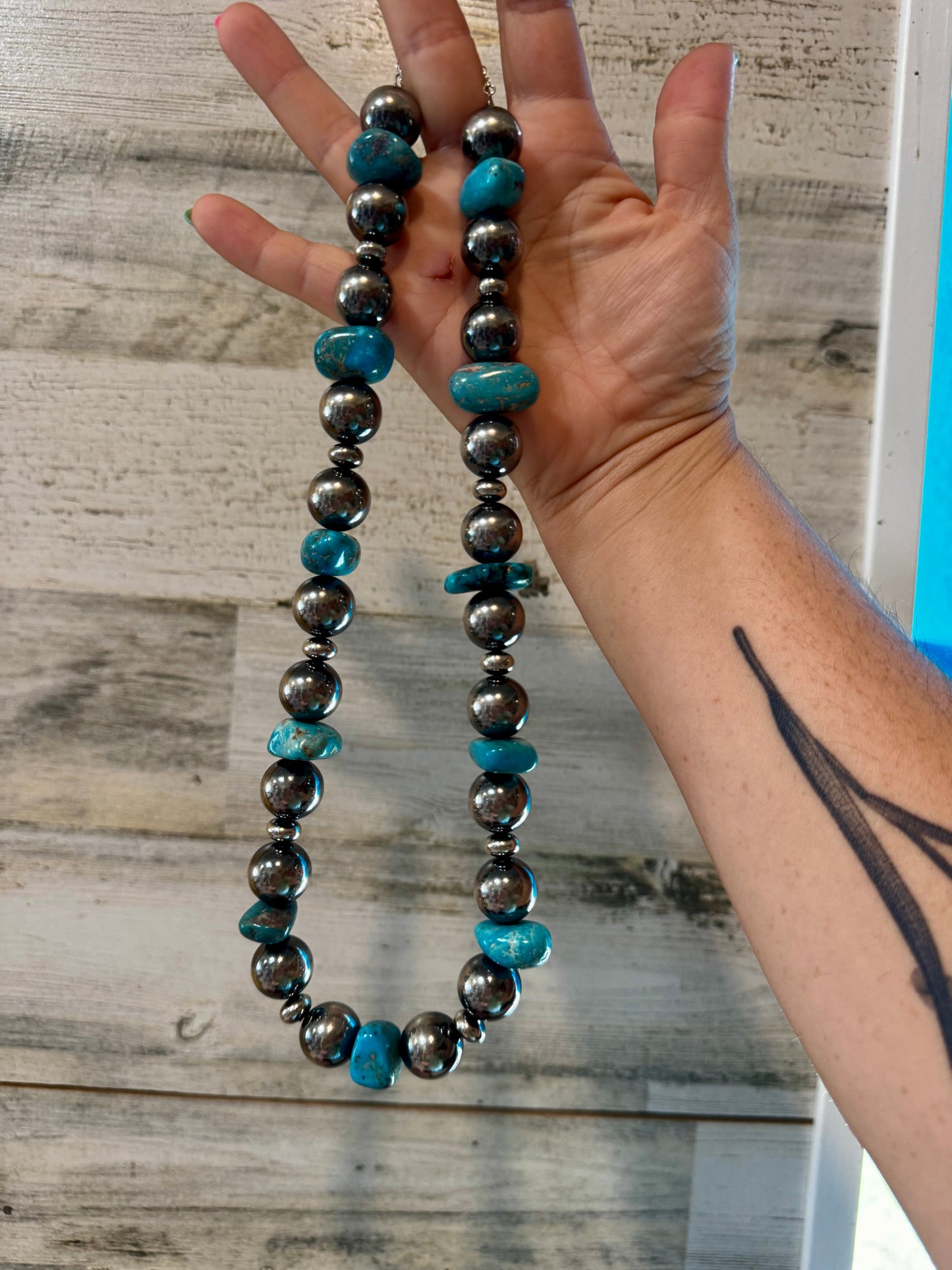 Turquoise Nugget & Sterling Silver Pearl Necklace – 21" The Bijoux FAB Jewelry